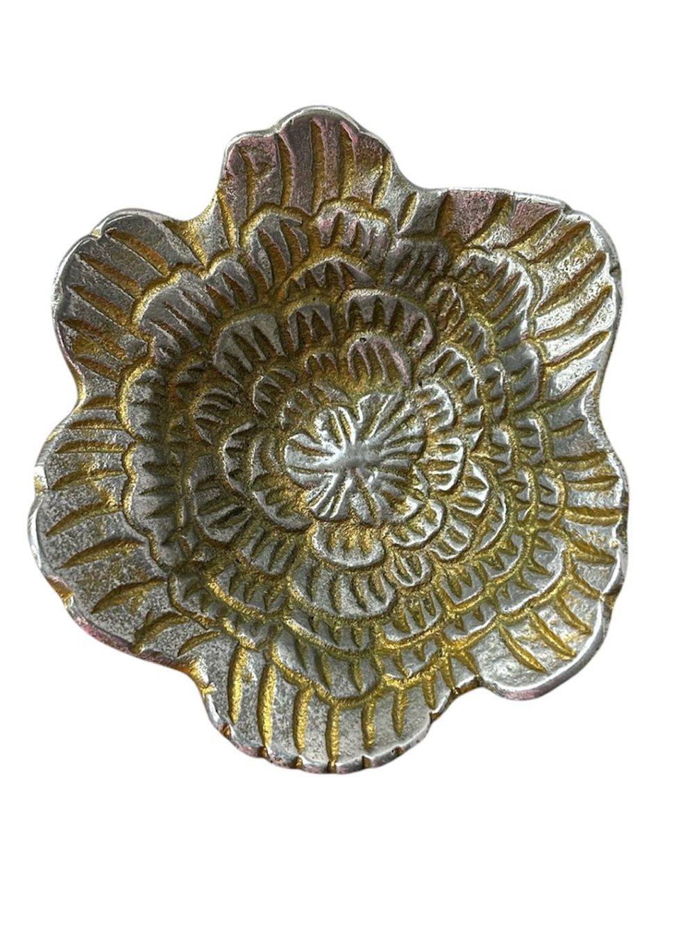 Vintage Pewter Floral Petal Detailed Trinket Dish With Hold Accents